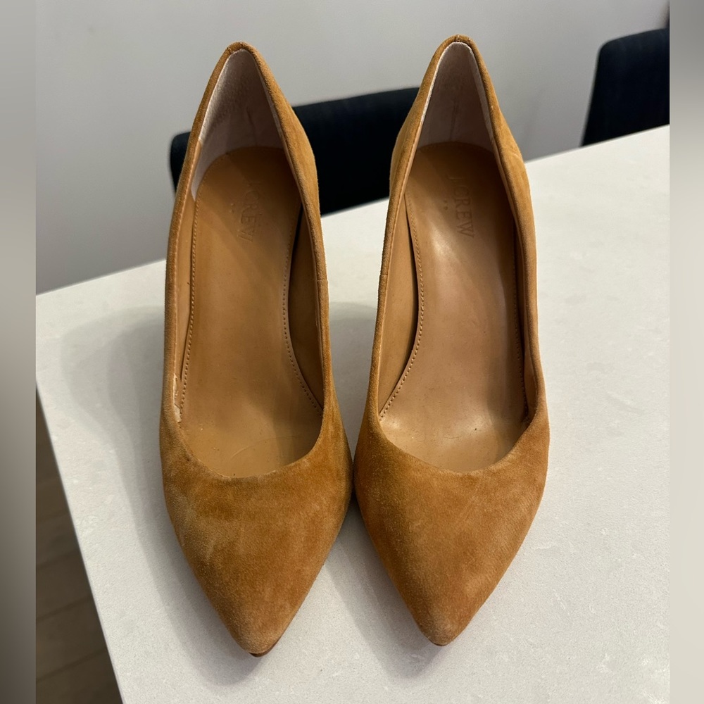 JCrew heels in tan suede size 8 1/2. Gently worn.